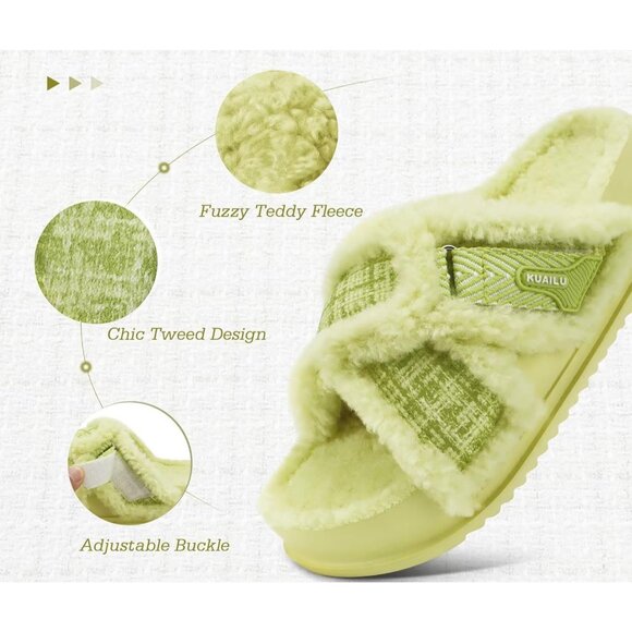 Women's Yellow Fuzzy Furry Faux Fur Cross Band Arch Open Slippers Slides Shoes - Picture 3 of 8